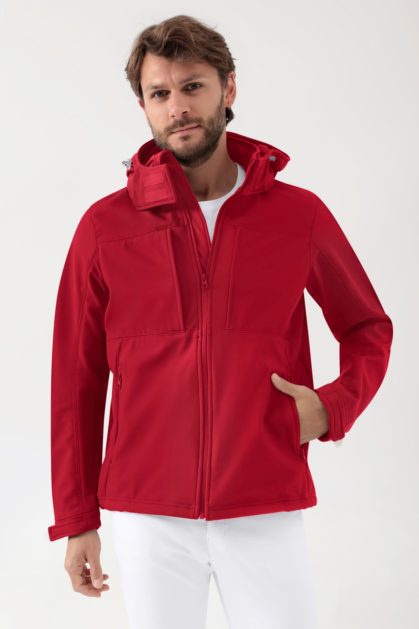 Softshell Jacke Unisex - abnehmbare Kapuze rot