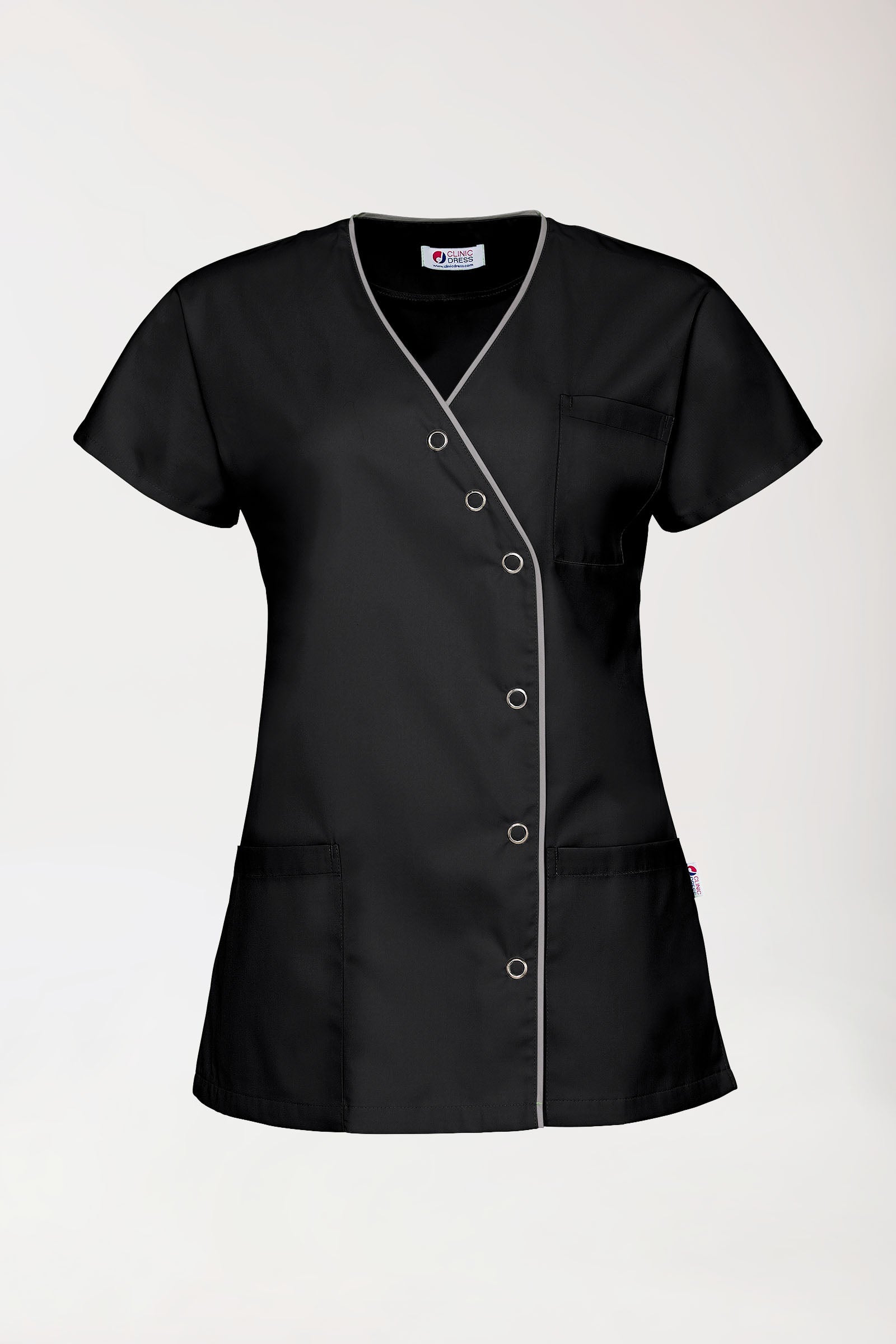 Beauty Kasack Damen - asymmetrische Druckknopfleiste schwarz/grau, Vorderansicht