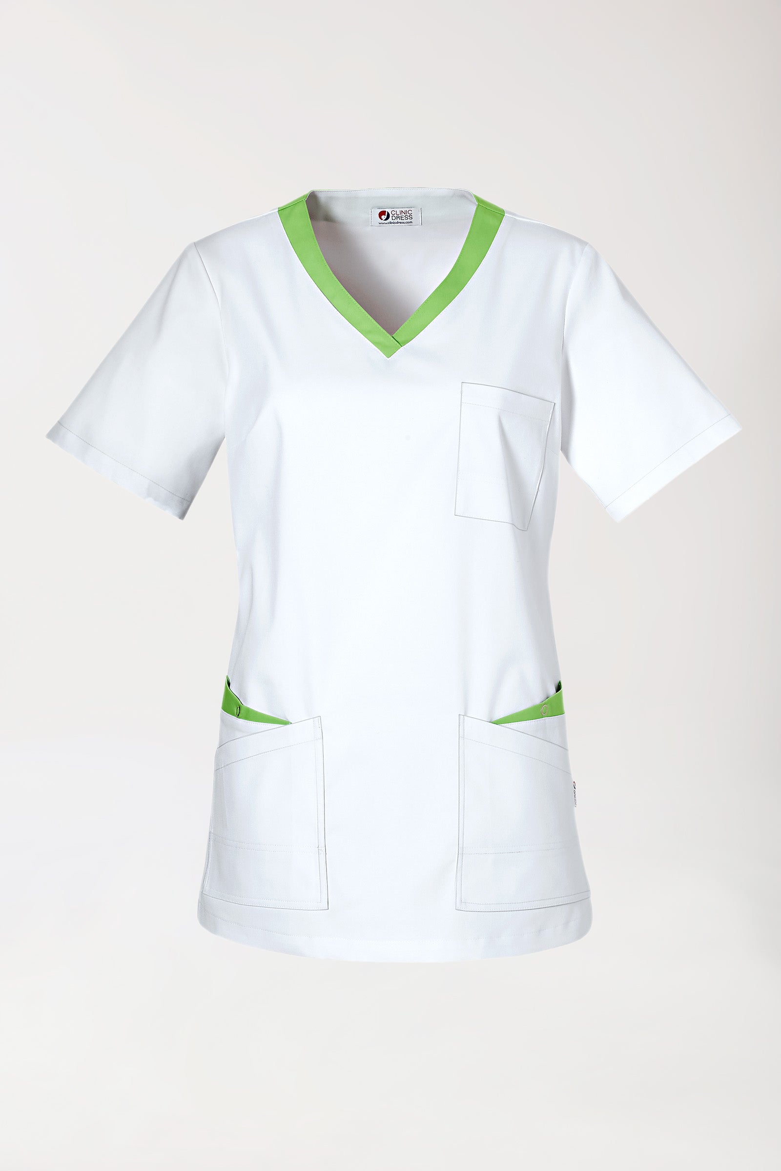 CLINIC STRETCH Schlupfkasack Damen - 1/2 Arm weiss/apfelgrün, Vorderansicht