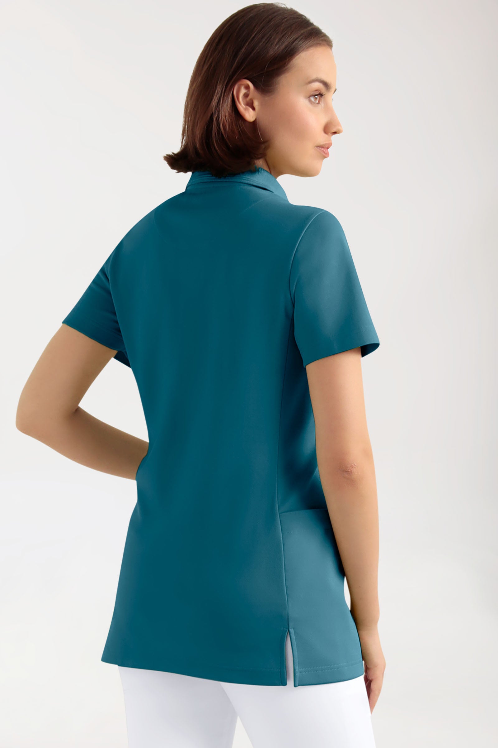 COMFY FLEX Stretch Schlupfkasack Damen - Polokragen petrol, Rückansicht 