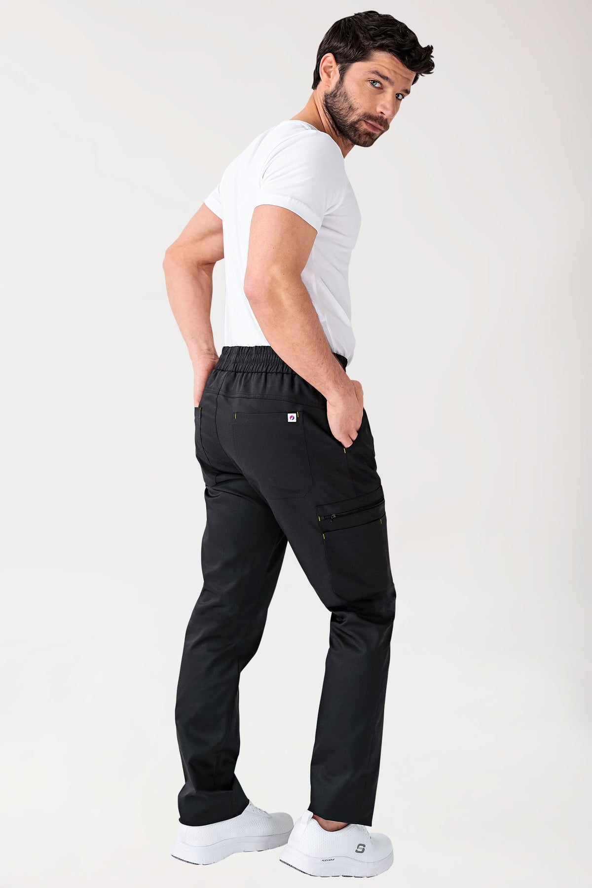 CLINIC STRETCH Hose Herren - gerader Saum Kurzgr. schwarz/gelb, Rückansicht 