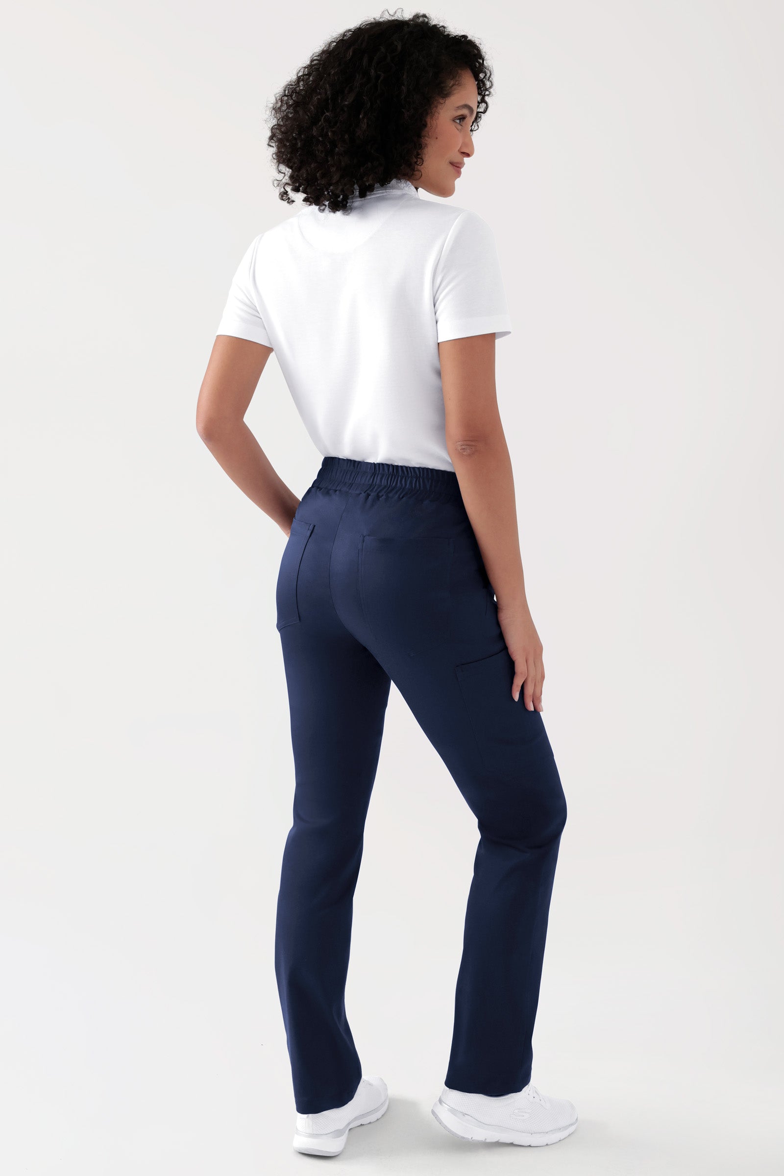 COMFY FLEX Stretch Hose Unisex - 1/1 Länge navy, Rückansicht Das Model ist 176 cm gross und trägt Grösse S