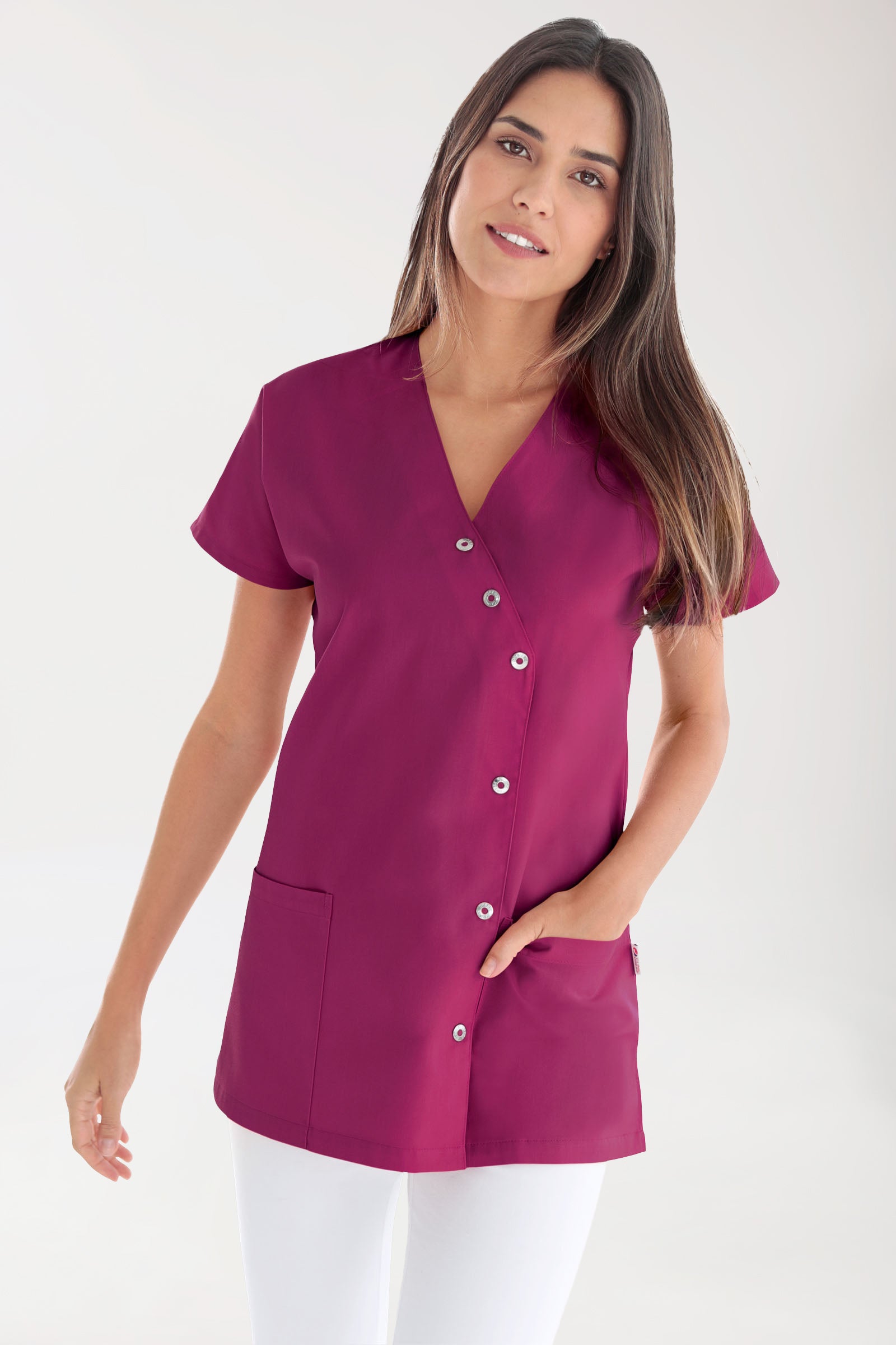 Beauty Kasack Damen - asymmetrische Druckknopfleiste berry, Vue de face 