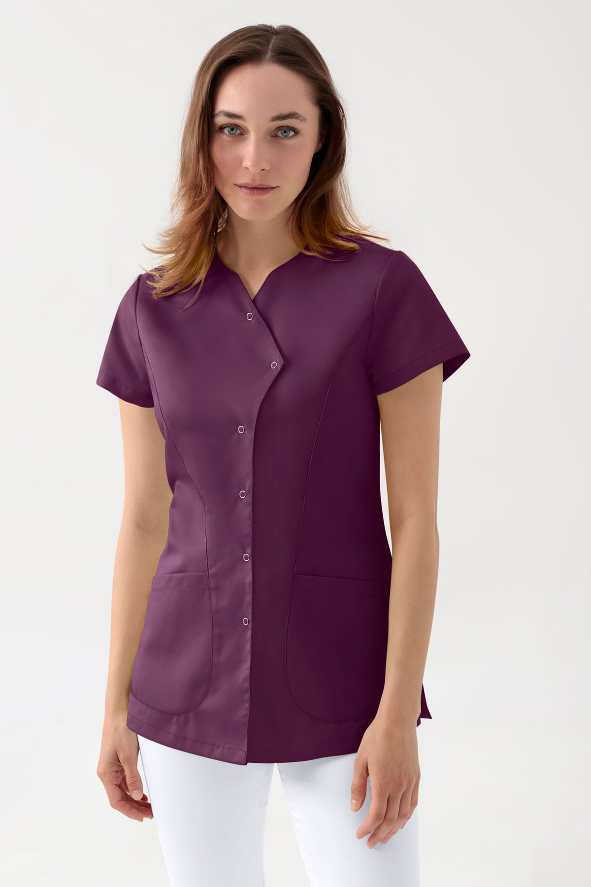 GREEN Stretch Kasack Damen - asymmetrische Druckknopfleiste pflaume, Vue de face 