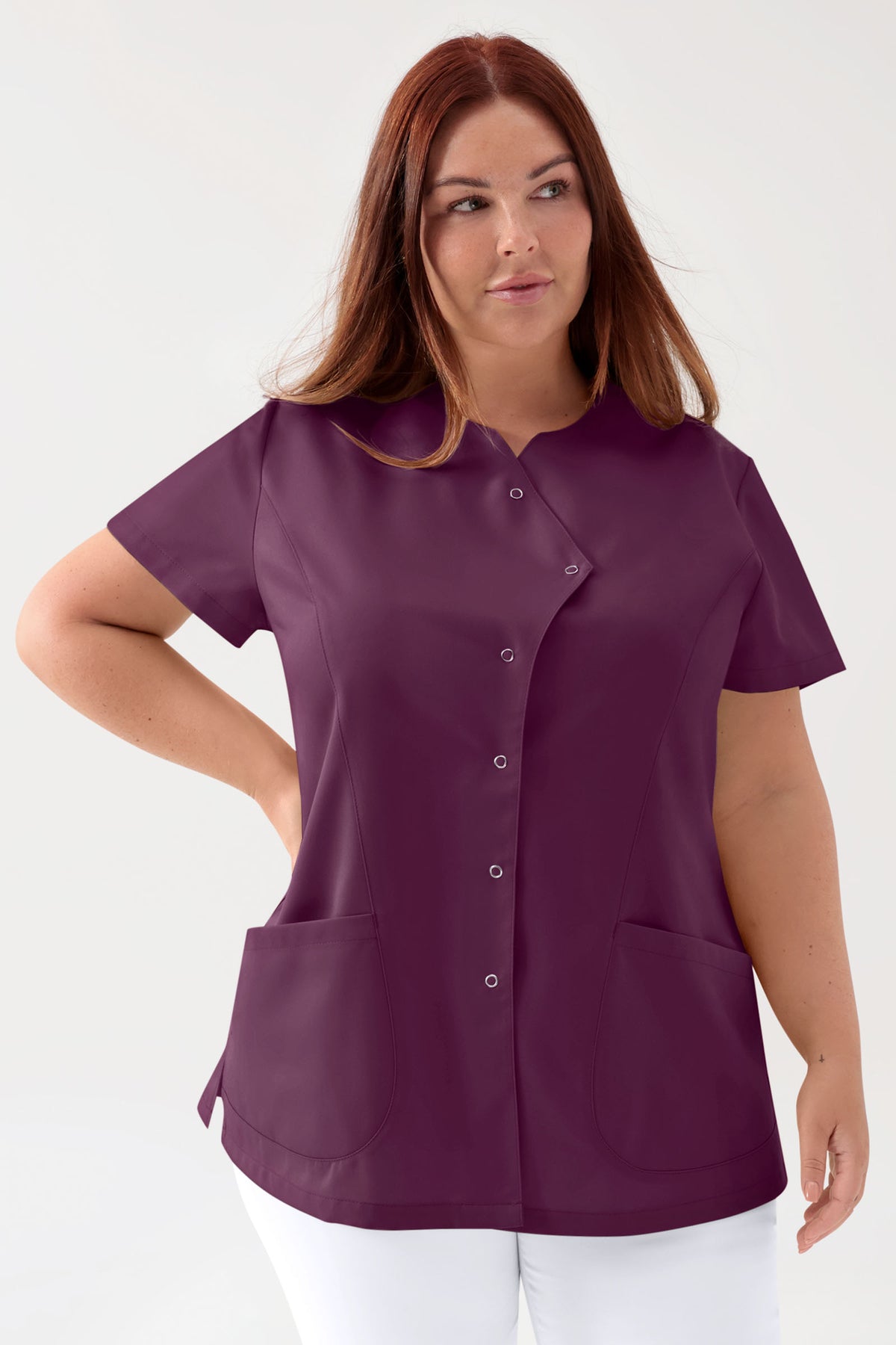 GREEN Stretch Kasack Damen - asymmetrische Druckknopfleiste pflaume, Vue de face 