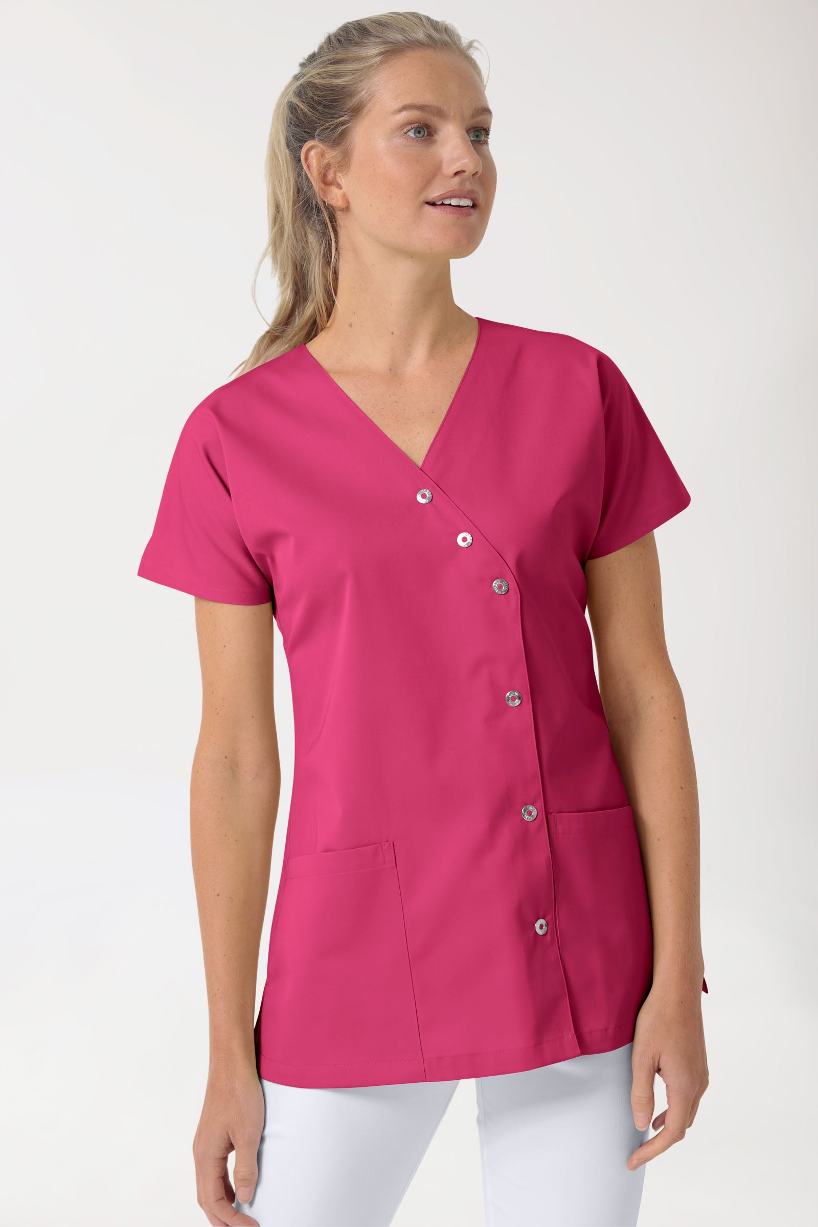Beauty Kasack Damen - asymmetrische Druckknopfleiste pink, Vue de face 