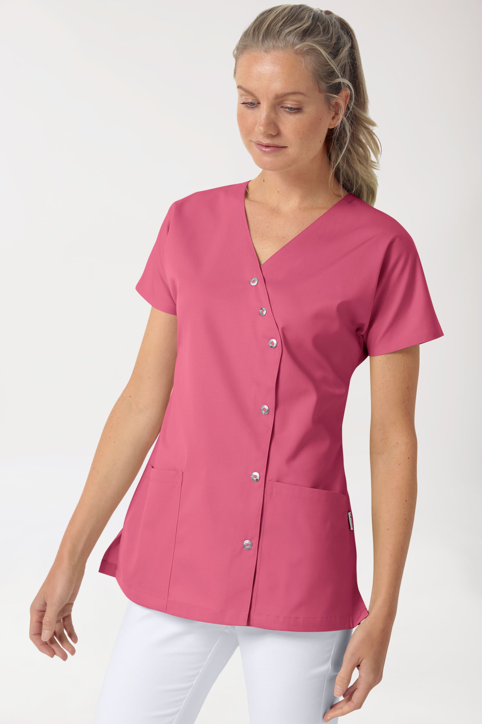 Beauty Kasack Damen - asymmetrische Druckknopfleiste rosenholz, Vorderansicht 