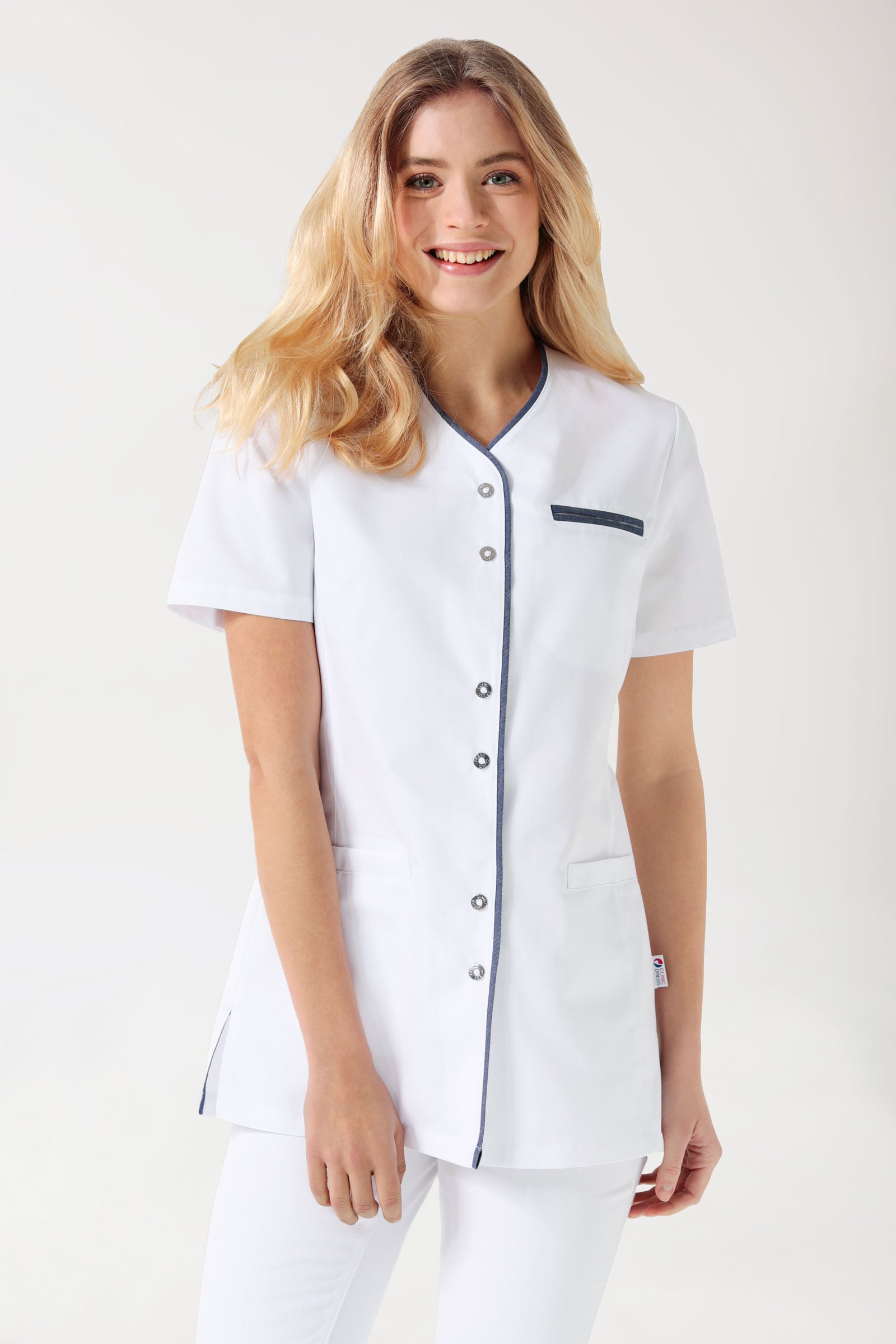 Beauty Kasack Damen - durchgeknöpft weiss/jeansblau