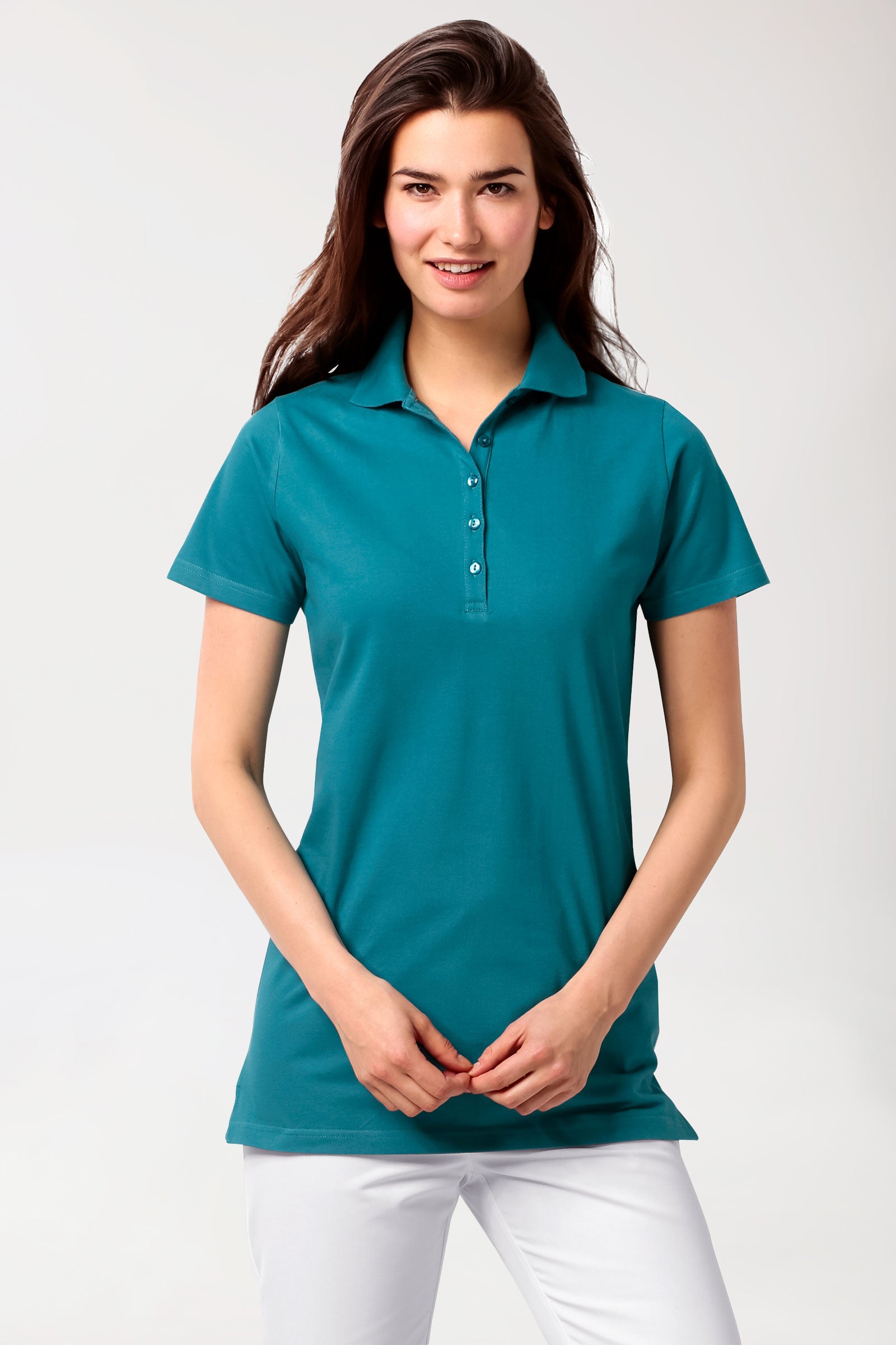 Stretch Longshirt Damen - Polokragen petrol, Vorderansicht 