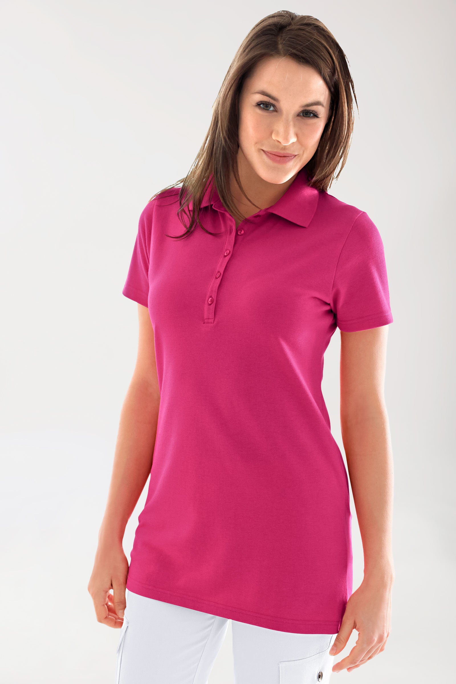 Stretch Longshirt Damen - Polokragen pink, Vorderansicht 