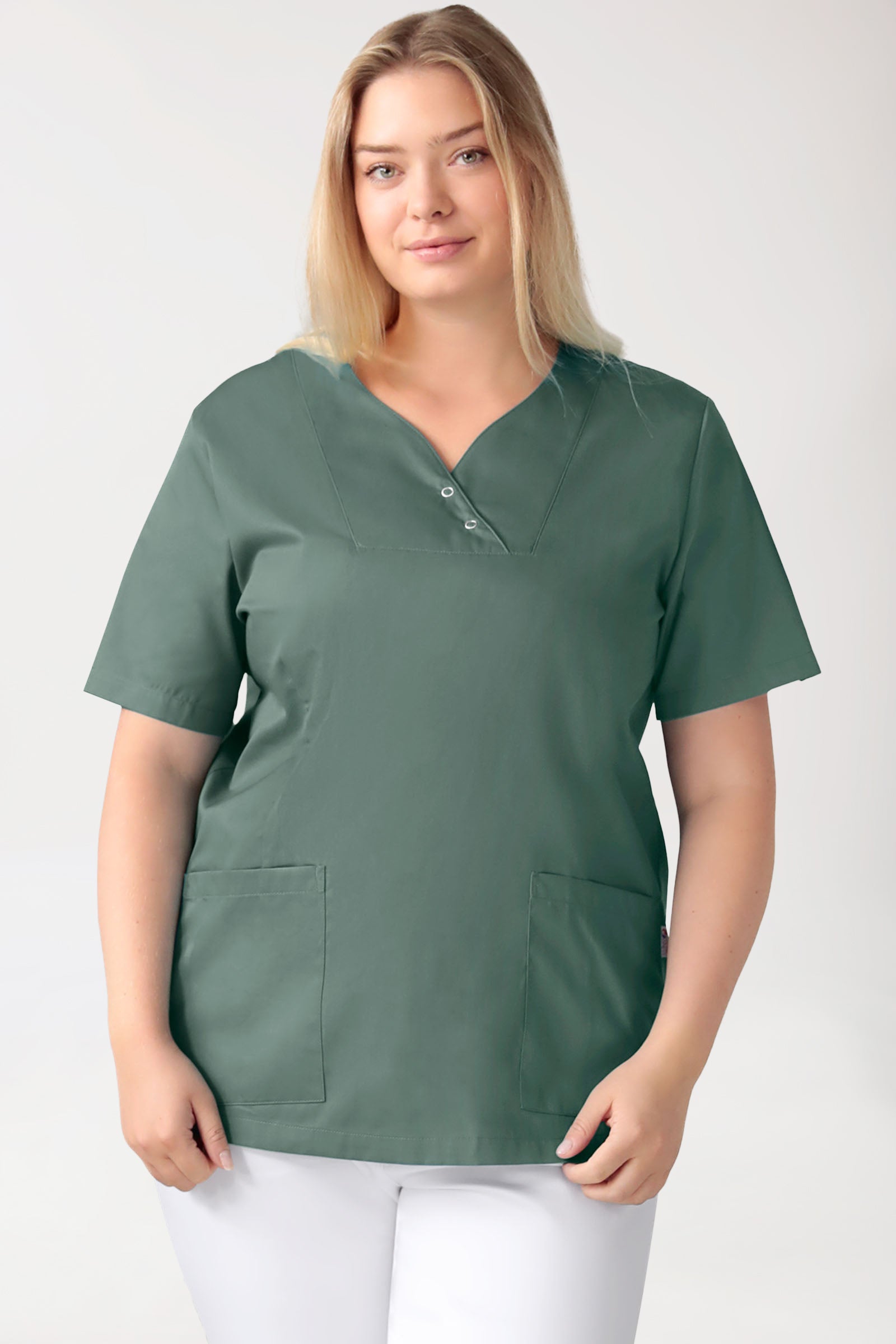 CORE Schlupfkasack Damen curved fit - mit Druckknöpfen dunkelgrün, Vorderansicht 