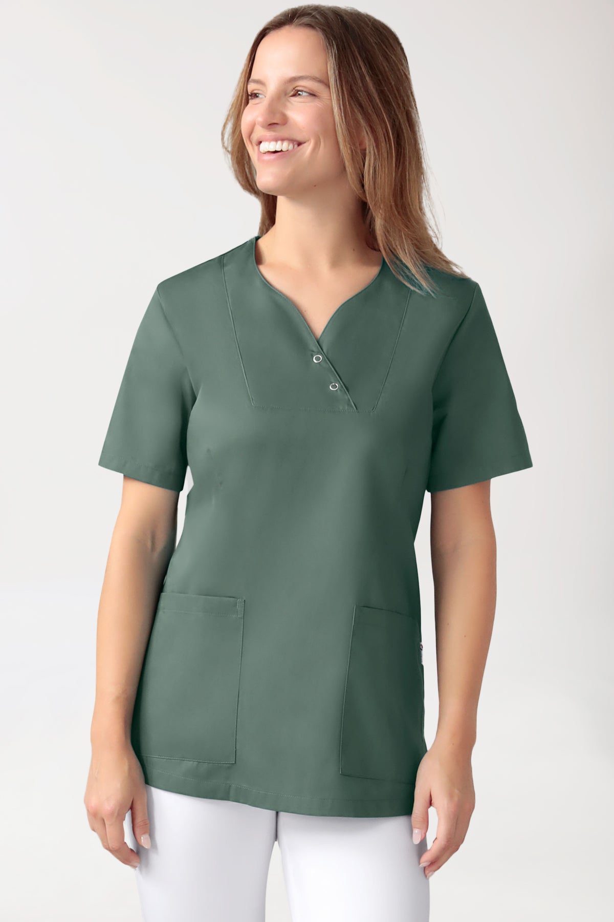 CORE Schlupfkasack Damen curved fit - mit Druckknöpfen dunkelgrün, Vue de face 