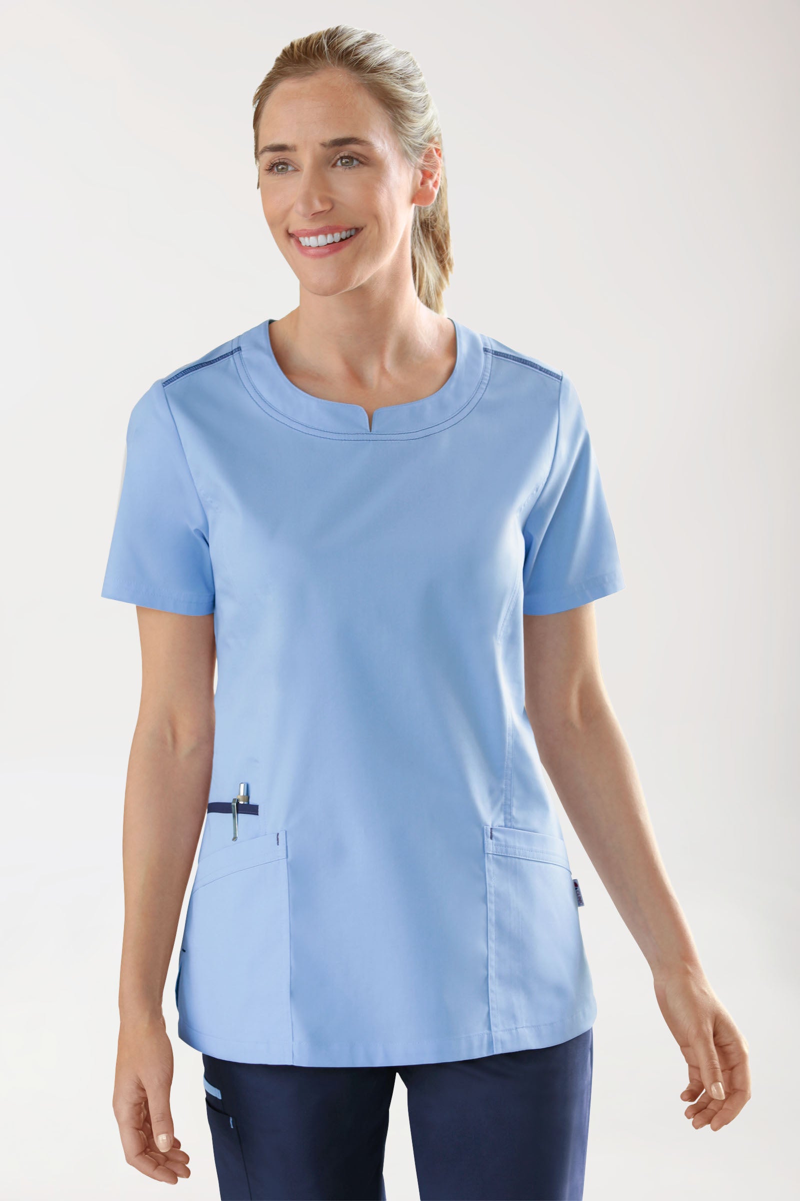 Damen-Schlupfkasack Himmelblau mit Navy, Vorderansicht 