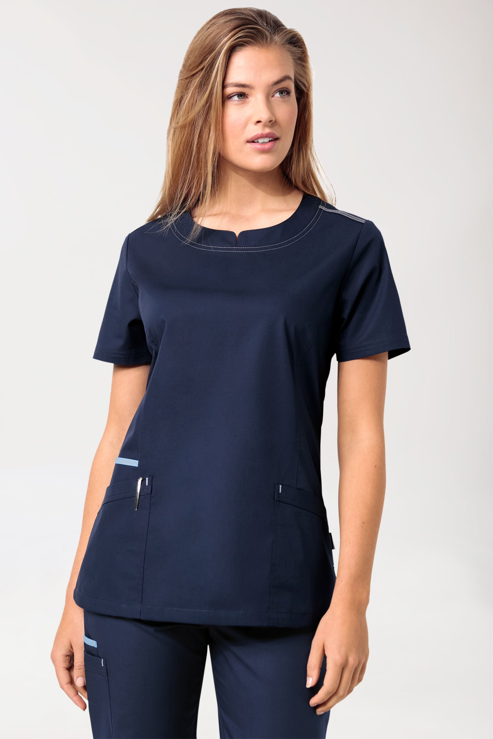Damen-Schlupfkasack Navy mit Himmelblau, Vorderansicht 