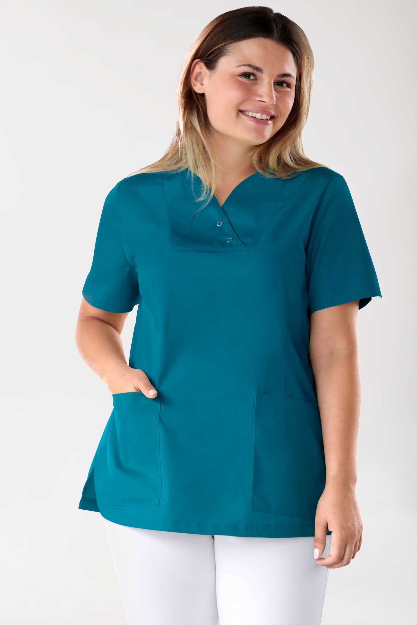 CORE Schlupfkasack Damen curved fit - mit Druckknöpfen petrol, Vorderansicht 