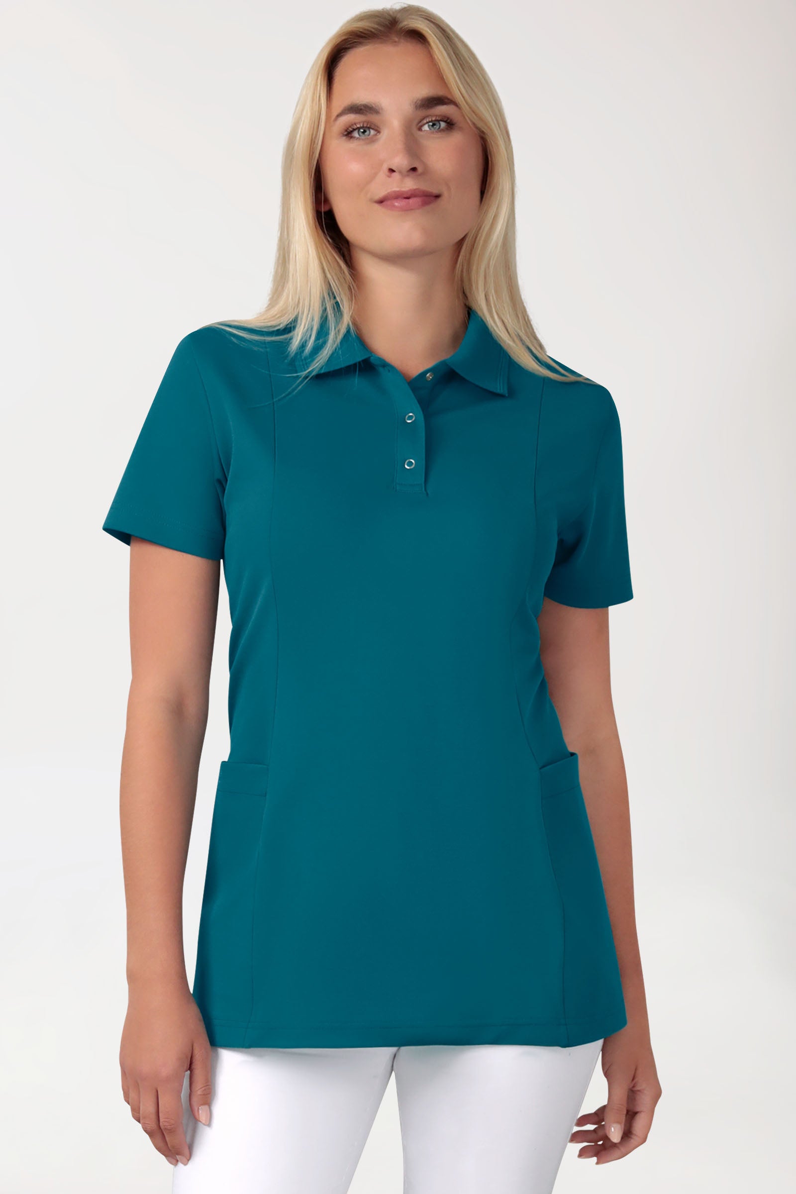COMFY FLEX Stretch Schlupfkasack Damen - Polokragen petrol, Vorderansicht 