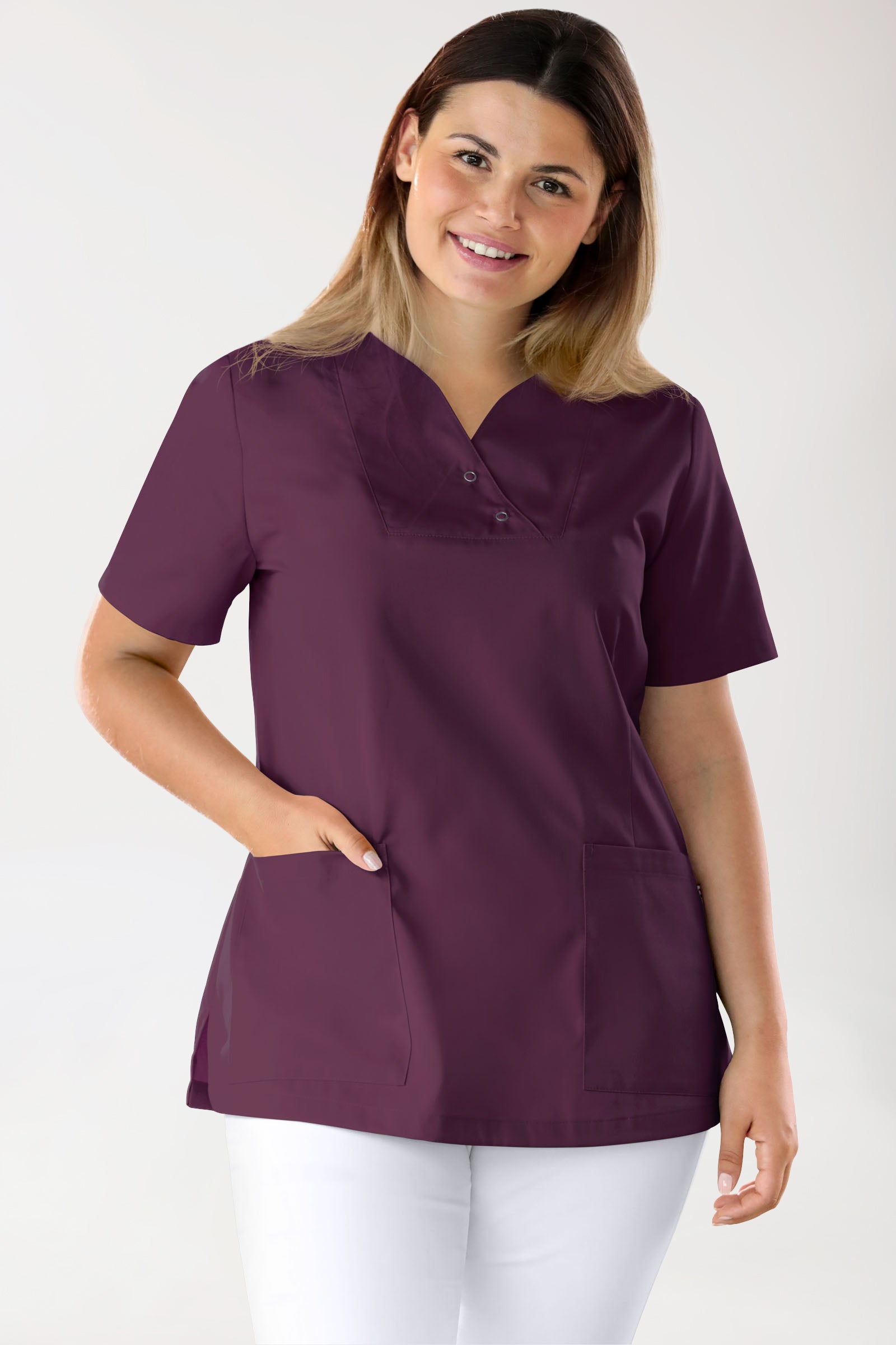 CORE Schlupfkasack Damen curved fit - mit Druckknöpfen pflaume, Vue de face 