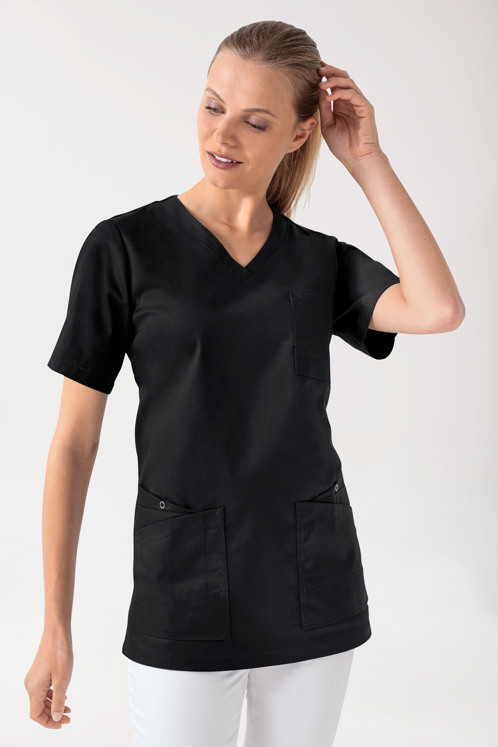 CLINIC STRETCH Schlupfkasack Damen - 1/2 Arm schwarz, Vorderansicht 