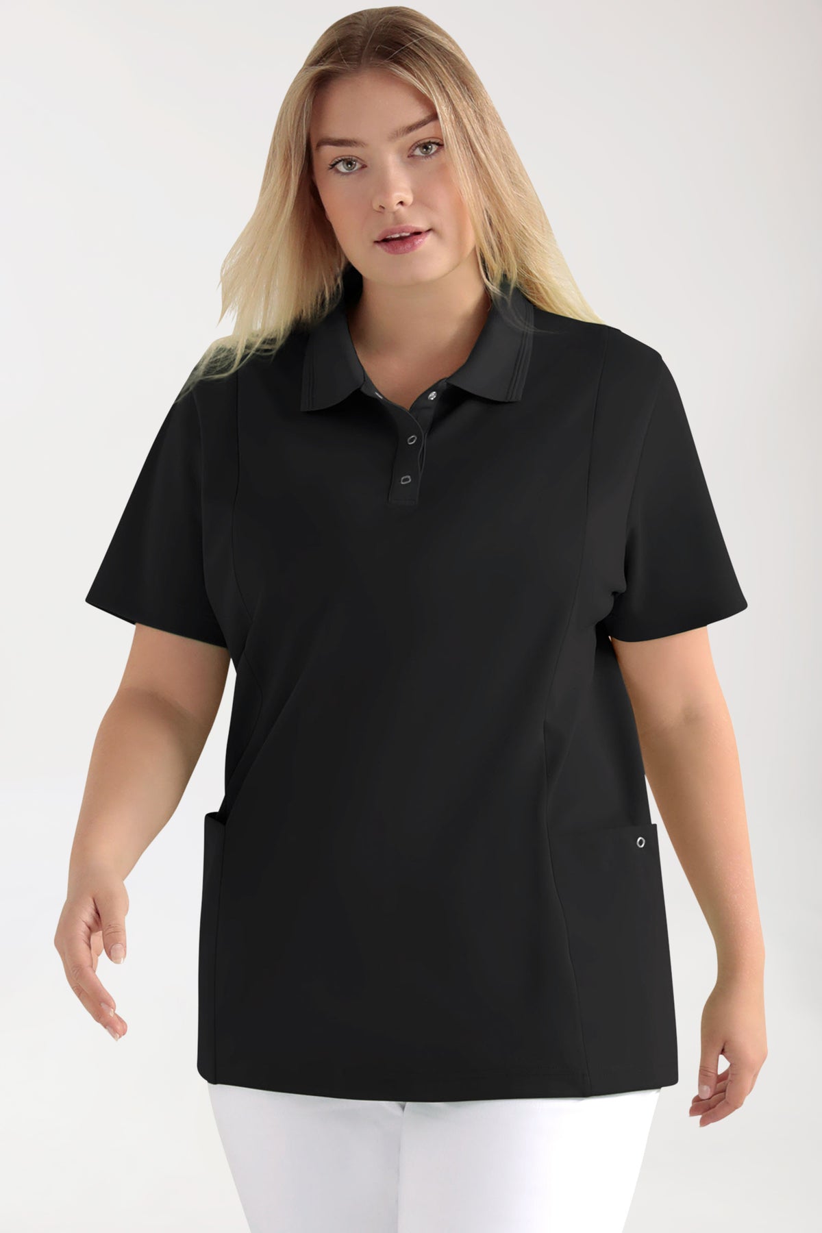 COMFY FLEX Stretch Schlupfkasack Damen - Polokragen schwarz, Vorderansicht 