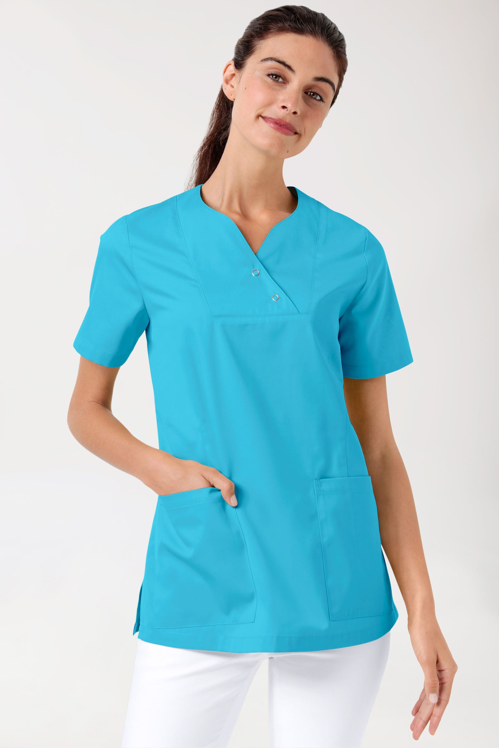 CORE Schlupfkasack Damen curved fit - mit Druckknöpfen türkis, Vue de face 
