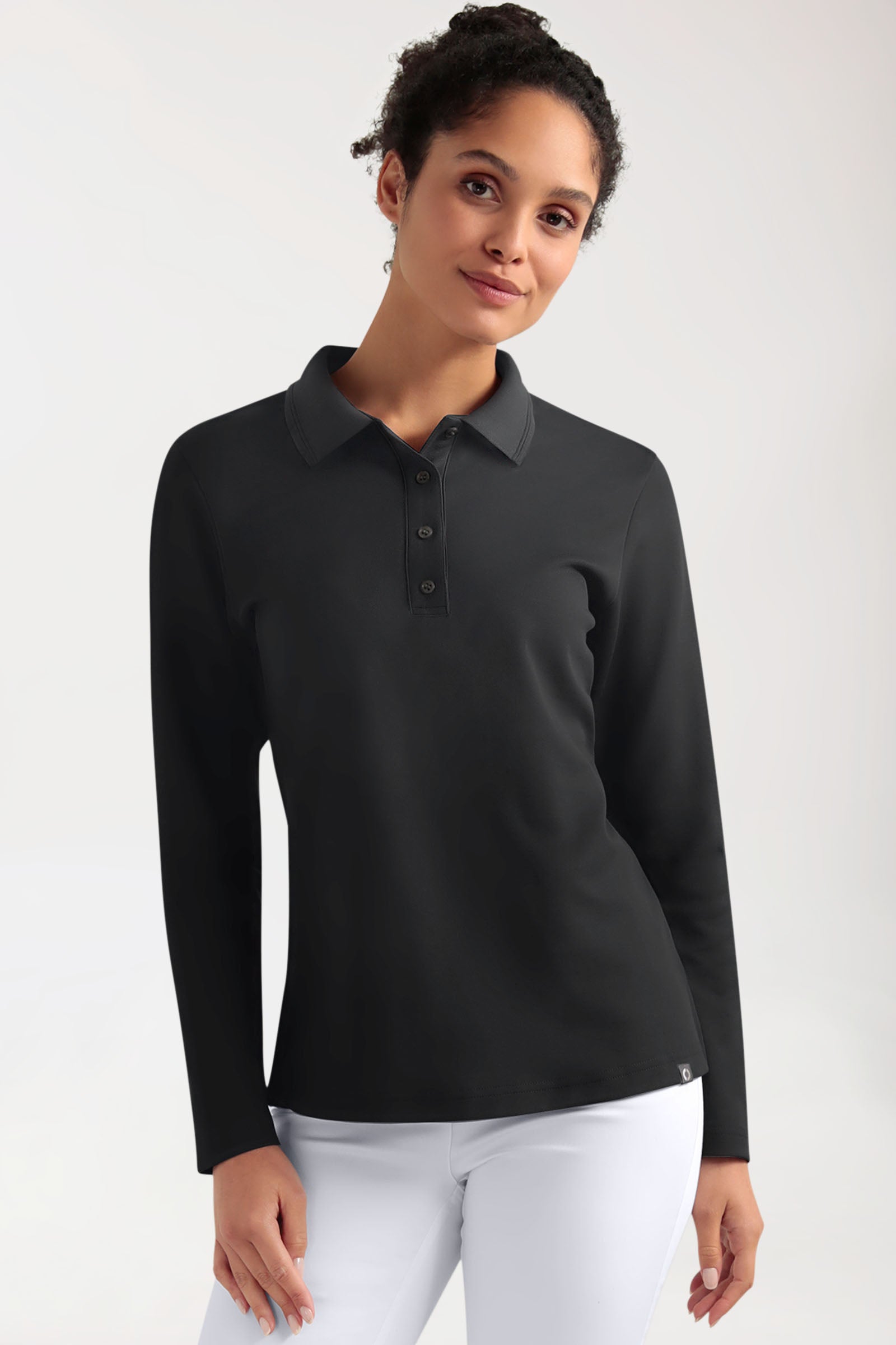 COMFY FLEX Stretch Longsleeve Damen - Polokragen schwarz, Vorderansicht 