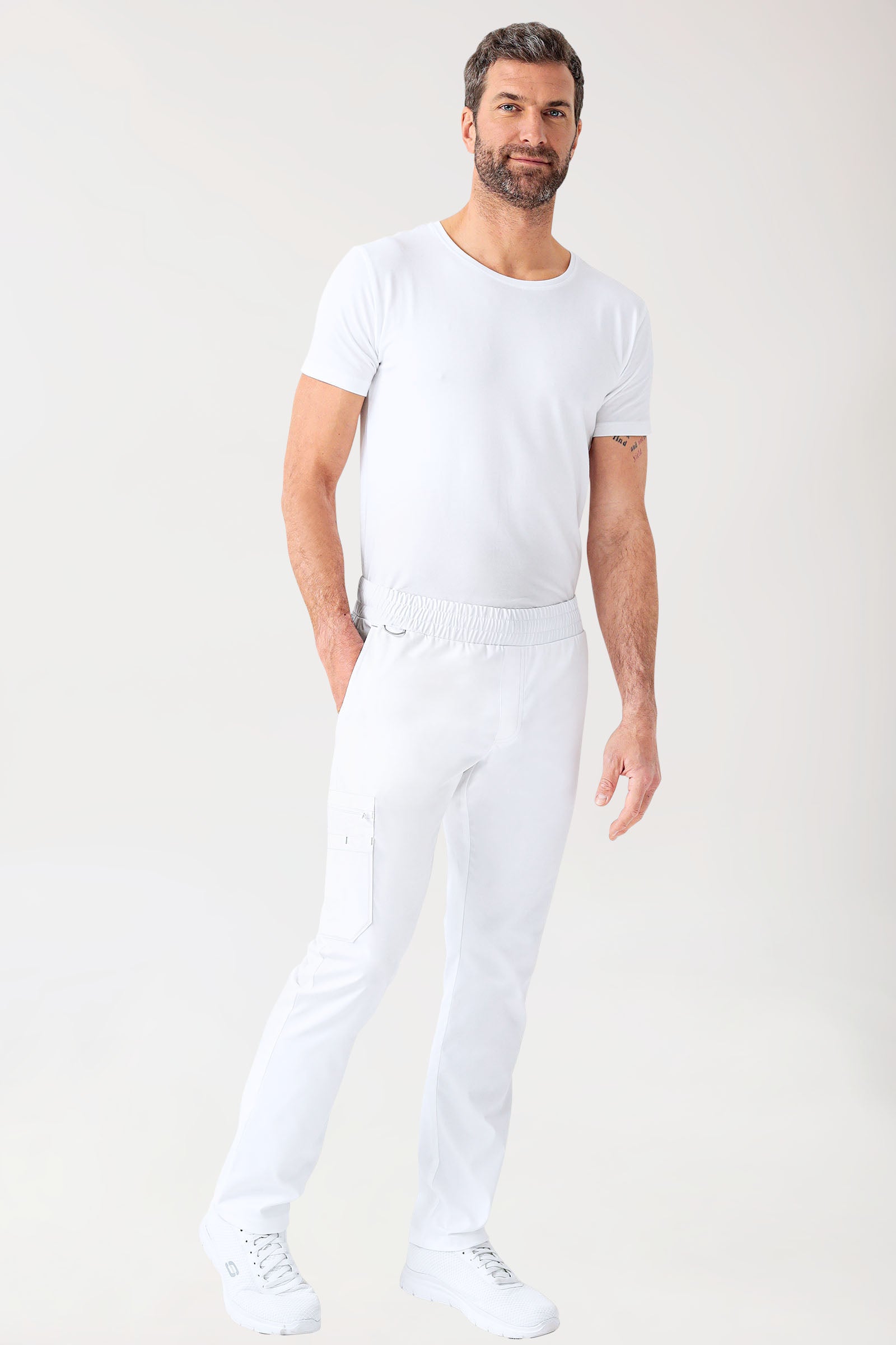 CLINIC STRETCH Hose Herren - gerader Saum weiss/grau, Vorderansicht 