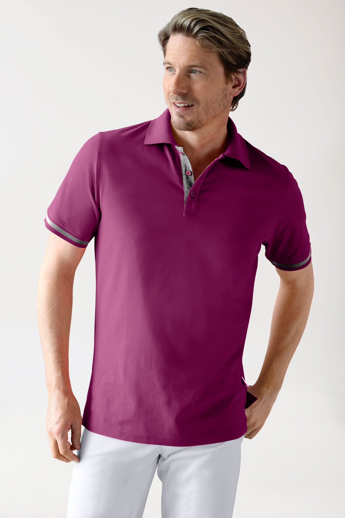 Stretch Shirt Herren - Polokragen berry/dunkelgrau melange, Vue de face 