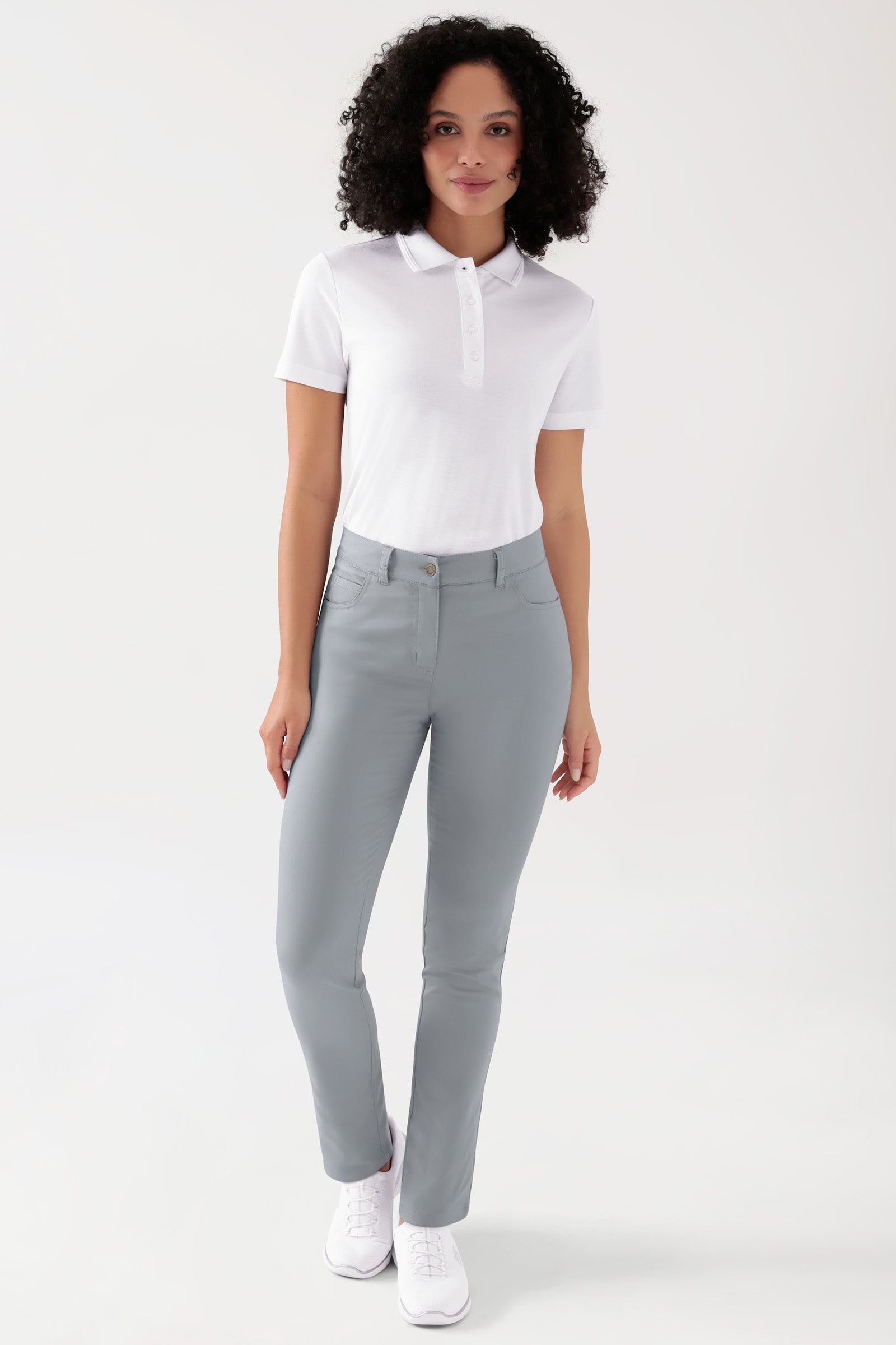 COMFY FLEX 5-Pocket Hose Damen - gerades Bein grau, Vorderansicht Das Model ist 176 cm gross und trägt Grösse 36