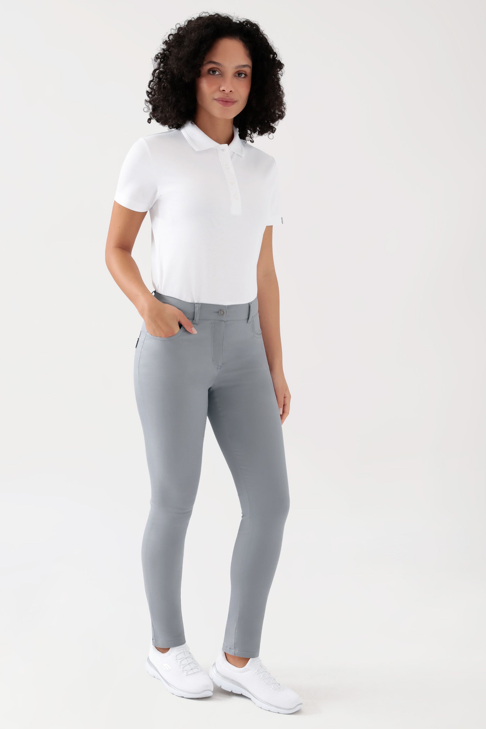 COMFY FLEX 5-Pocket Hose Damen - schlankes Bein grau, Vue de face Le mannequin mesure 176 cm et porte la taille 36