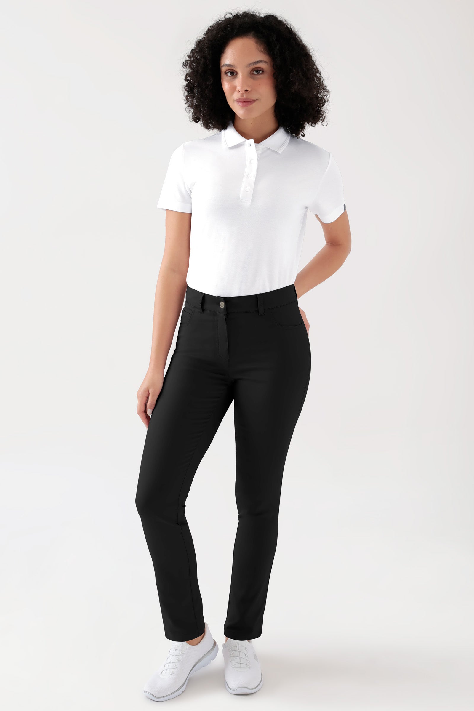 COMFY FLEX 5-Pocket Hose Damen - gerades Bein schwarz, Vorderansicht Das Model ist 176 cm gross und trägt Grösse 36
