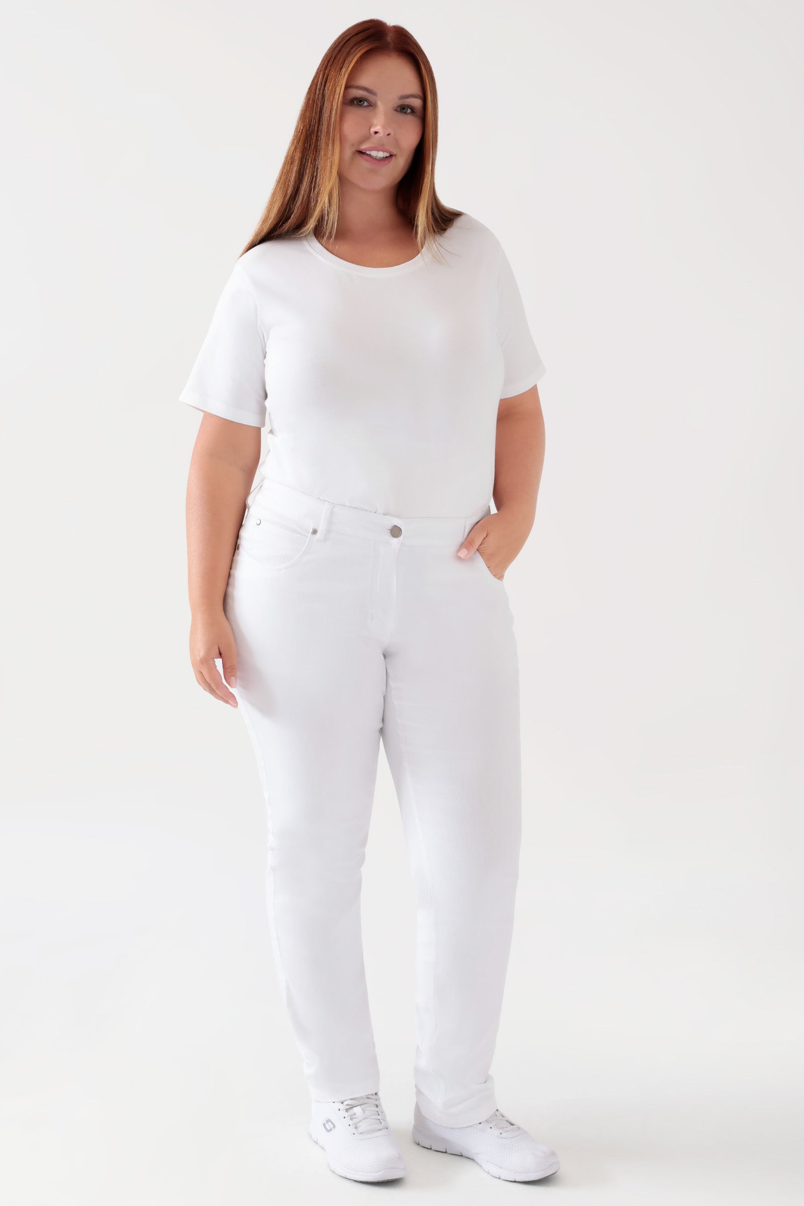 5-Pocket Hose Damen - Jeanslook weiss, Vorderansicht 