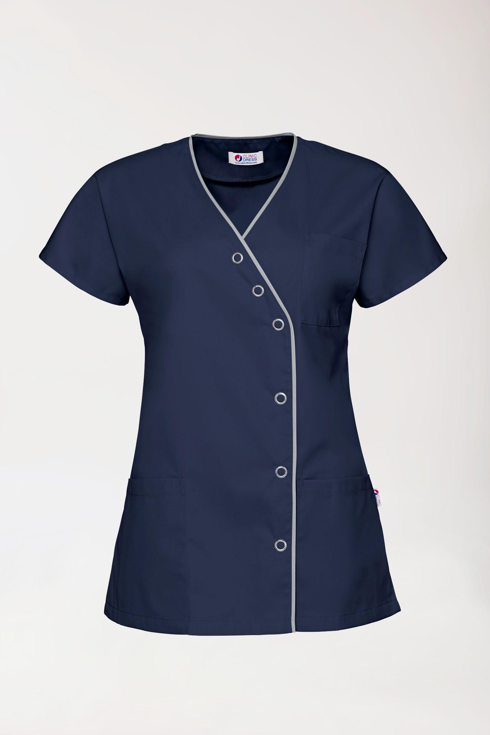 Beauty Kasack Damen - asymmetrische Druckknopfleiste navy/grau, Vorderansicht 