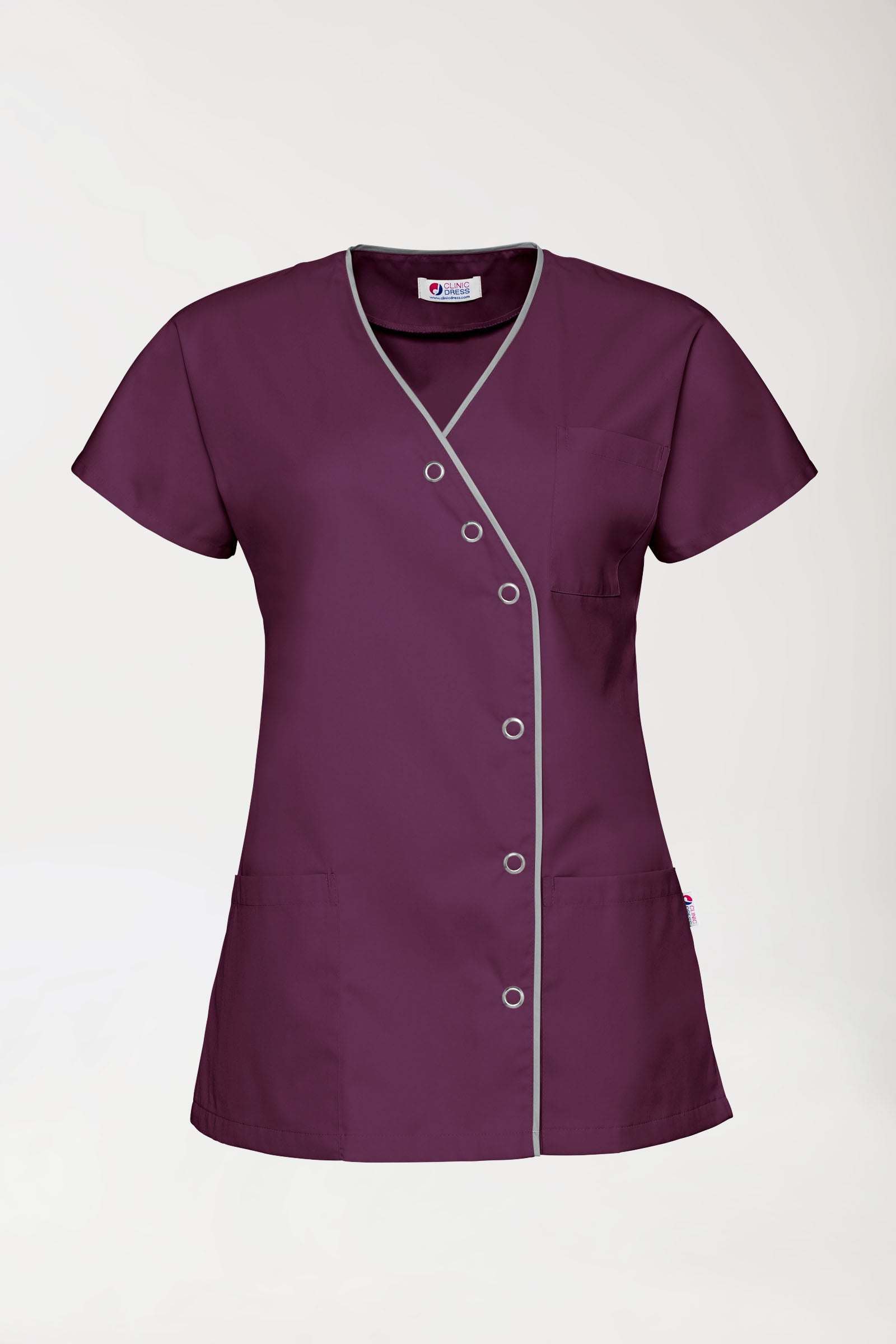 Beauty Kasack Damen - asymmetrische Druckknopfleiste pflaume/grau, Vue de face 
